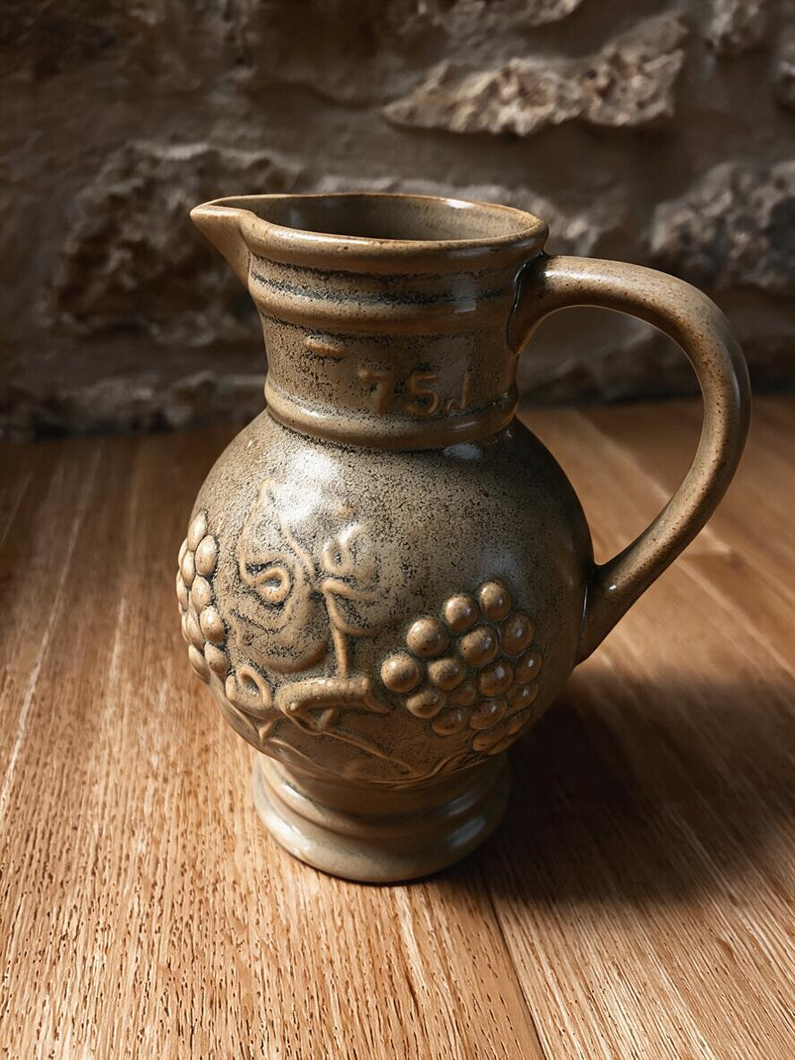 La Ferme Anglaise vintage French stoneware wine jug with raised grape and vine relief in a speckled grey-beige glaze.