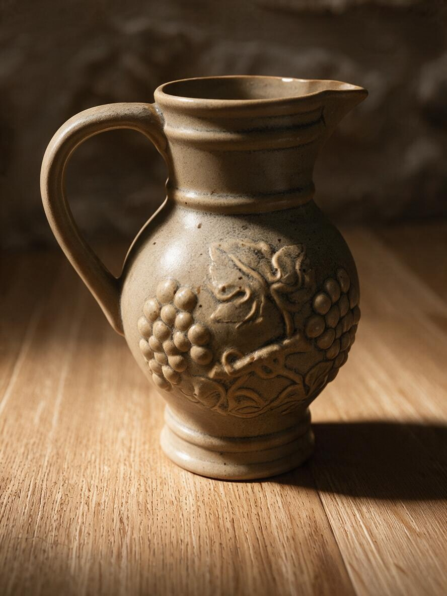 La Ferme Anglaise vintage French stoneware wine jug with raised grape and vine relief in a speckled grey-beige glaze.