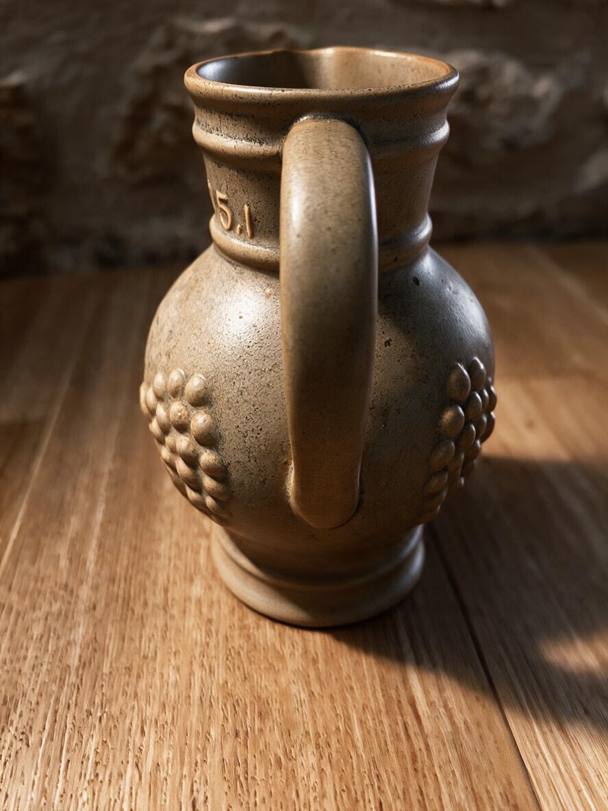 La Ferme Anglaise vintage French stoneware wine jug in speckled grey-beige with embossed grape and vine relief detail.
