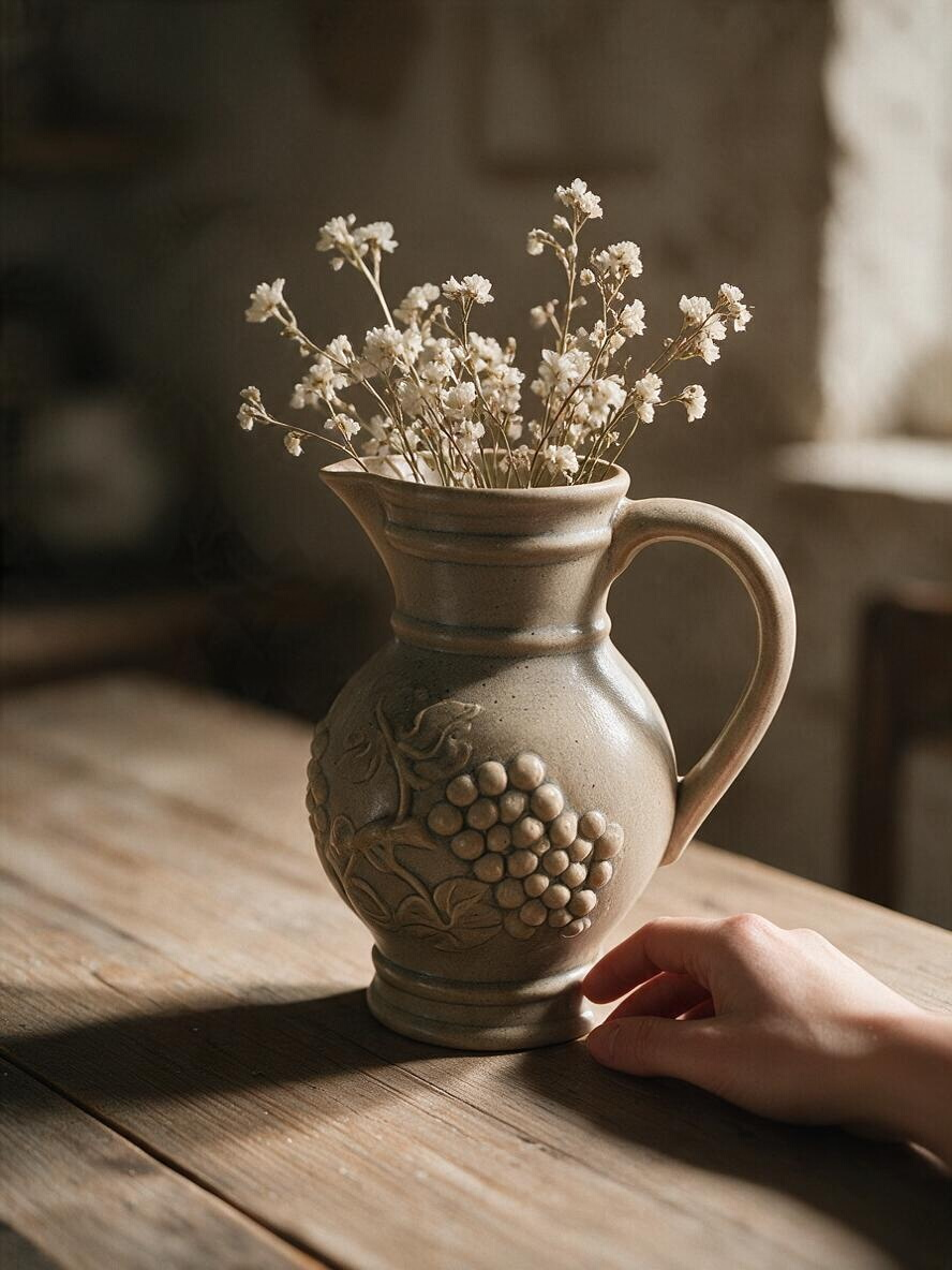 La Ferme Anglaise vintage French stoneware wine jug with grape and vine relief in a speckled grey-beige glaze.