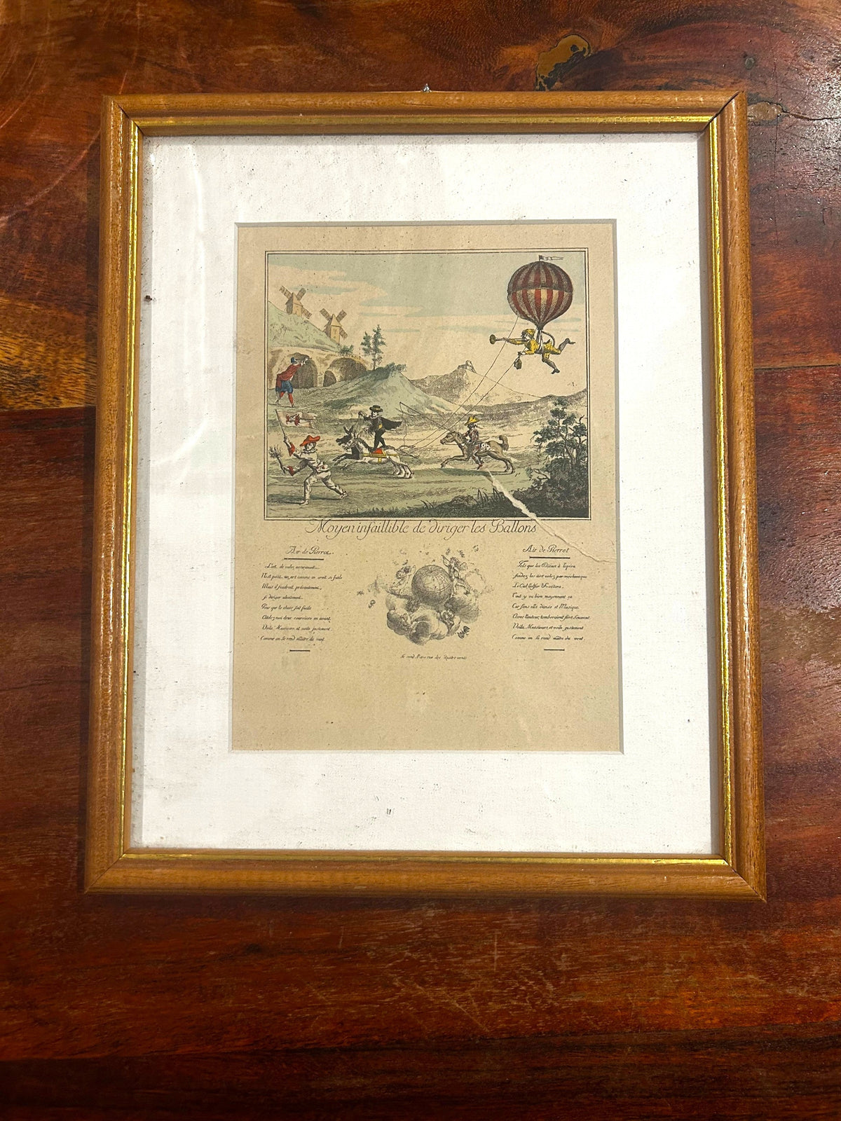 La Ferme Anglaise framed 18th-century French hot air balloon caricature art print with gilt-edged wood frame.