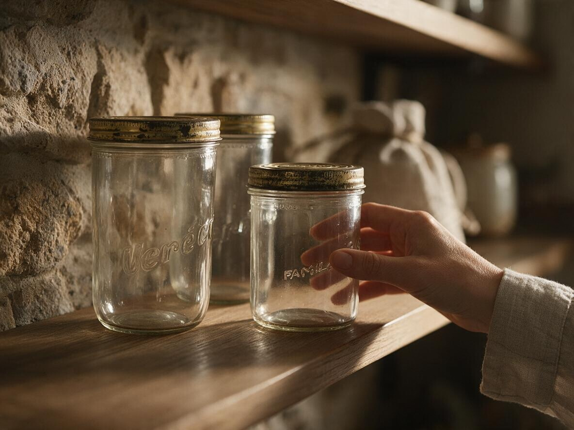La Ferme Anglaise set of three vintage French glass jars with gold-tone metal lids on a rustic wooden shelf