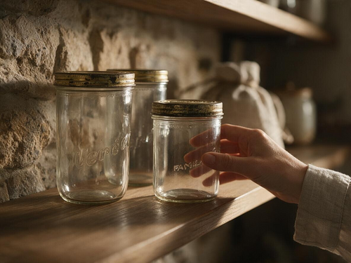 La Ferme Anglaise set of three vintage French glass jars with gold-tone metal lids on a rustic wooden shelf