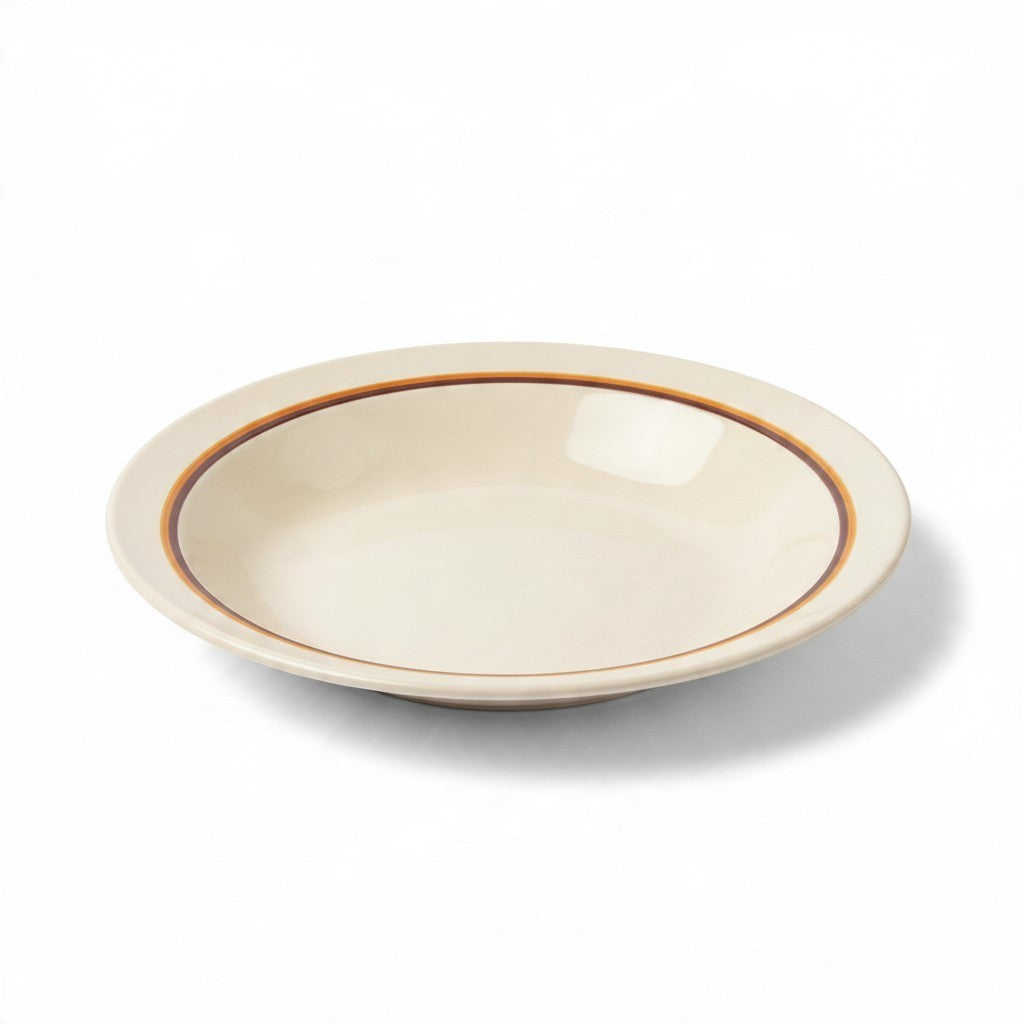 La Ferme Anglaise vintage French ironstone serving dish with a classic ochre and brown bistro band rim.