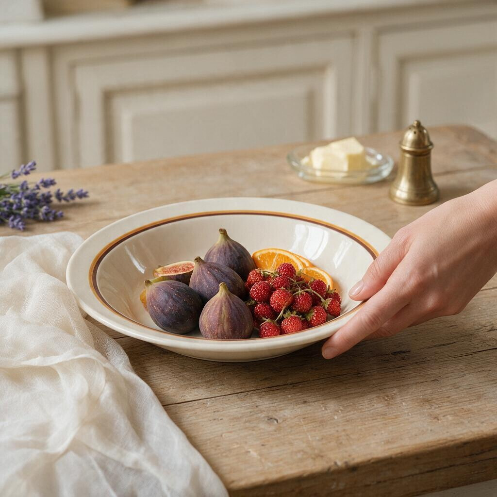 La Ferme Anglaise vintage French ironstone serving dish with ochre and brown bistro band filled with fresh fruit